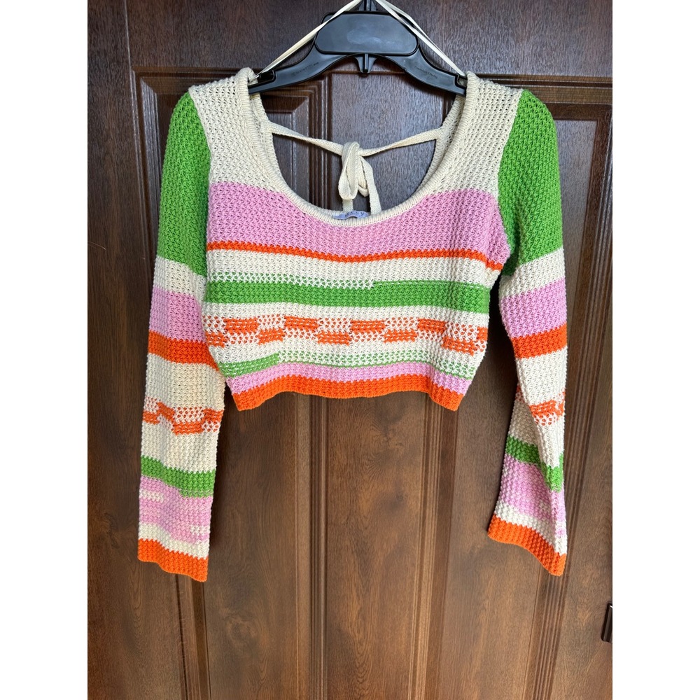 Grey‎ Bandit Teenage Dream Retro Boho Knit Crochet Long Sleeve Crop Top SZ S